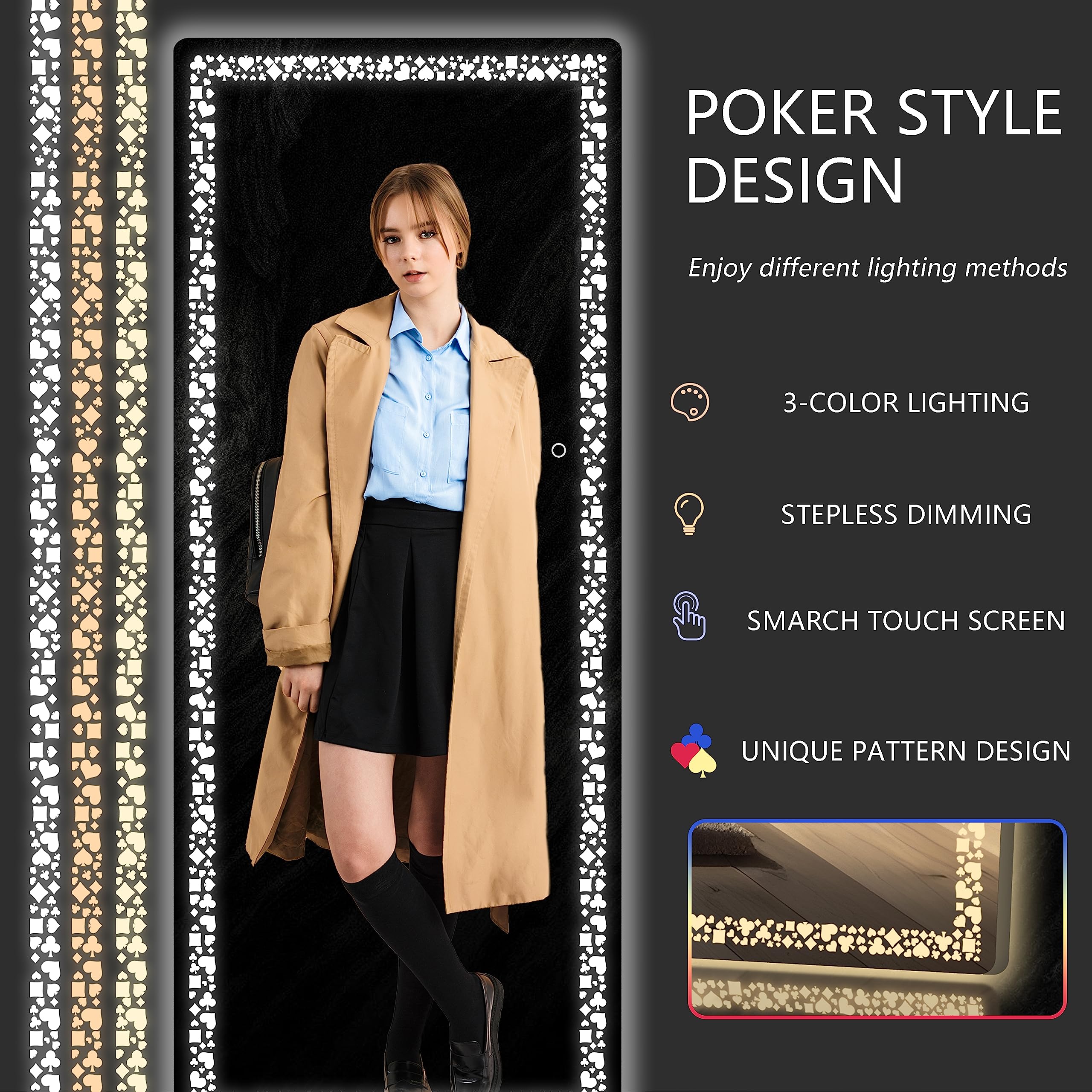 White 63"x20" LED Full-Length Mirror, Poker Flower Pattern